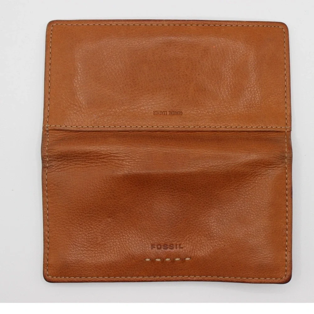 Fossil Mens Brown Leather Bifold Checkbook Cover Wallet with Zipper Pocket Tan